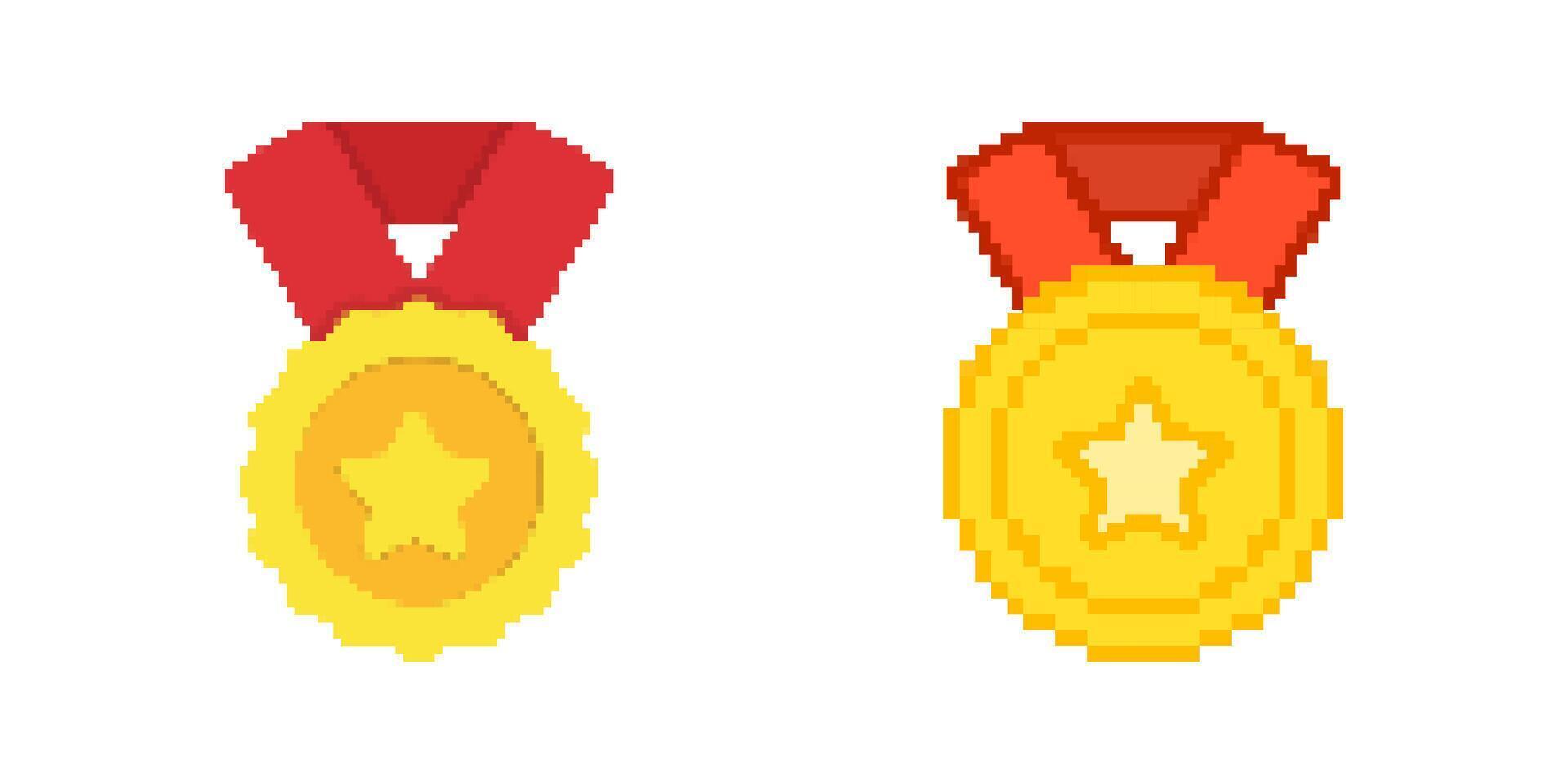 Gold Medal With Red Ribbon Pixelated Icon Set. Pixel Art Symbol Collection Of Award Medals In Retro Style And Nostalgic Design. Isolated Illustration vector