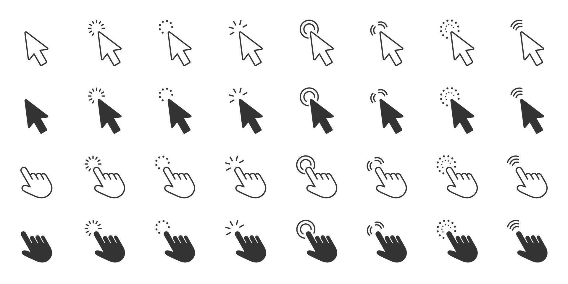 Mouse Cursor And Click Action Line And Solid Icon Set. Interactive Selection And Digital Navigation Symbol Collection. Isolated Illustration vector
