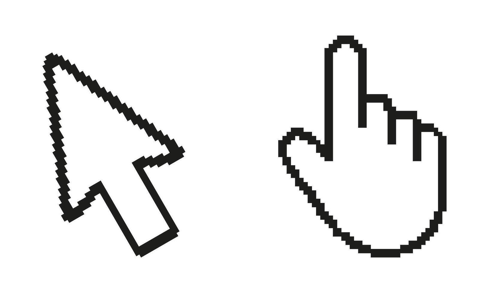 Computer Cursor And Hand Icon In Pixelated Icon Set. Pixel Art Symbol Collection Of Computer Cursor And Hand Icons In Pixel Style. Isolated Illustration vector