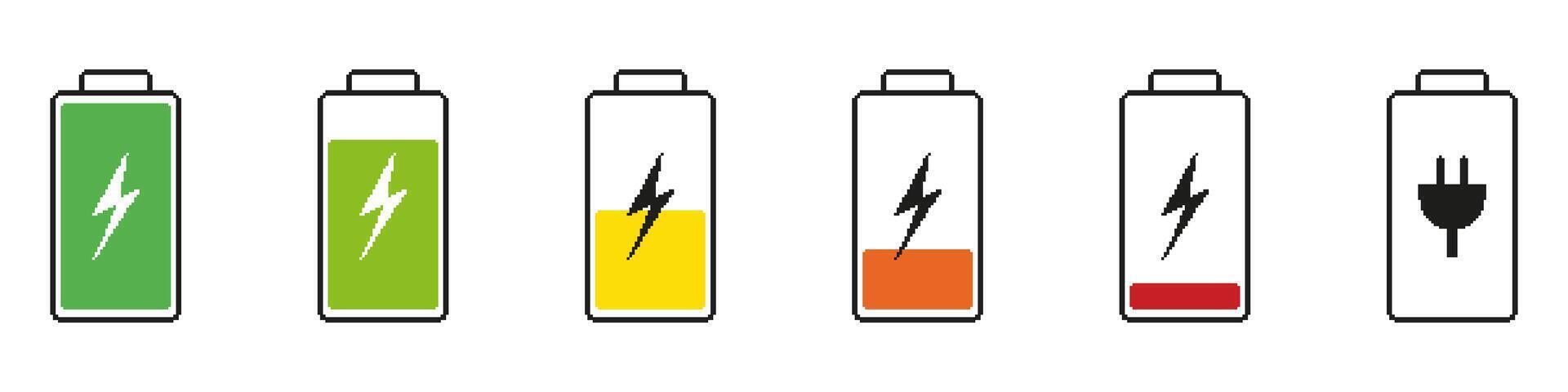 Battery Charge Levels Pixelated Icon Set. Pixel Art Symbol Collection Of Battery Indicators And Power Levels. Isolated Illustration vector