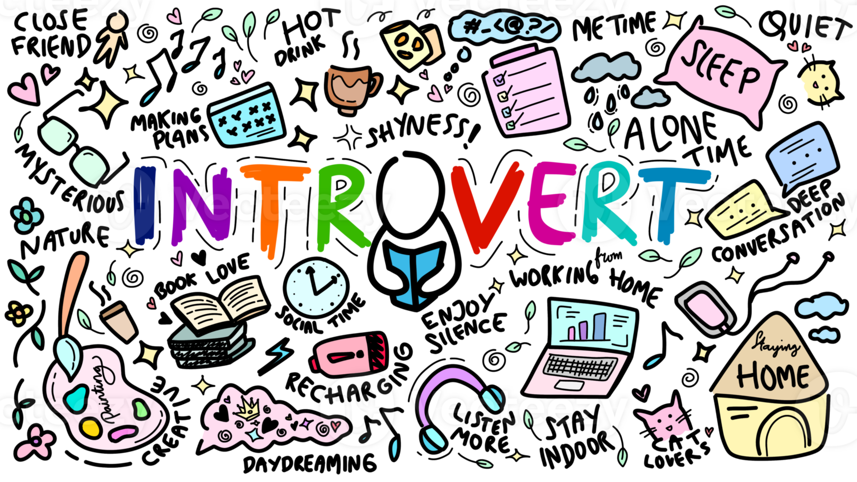 Colorful Introvert Doodle Illustration with Hobbies and Interests png