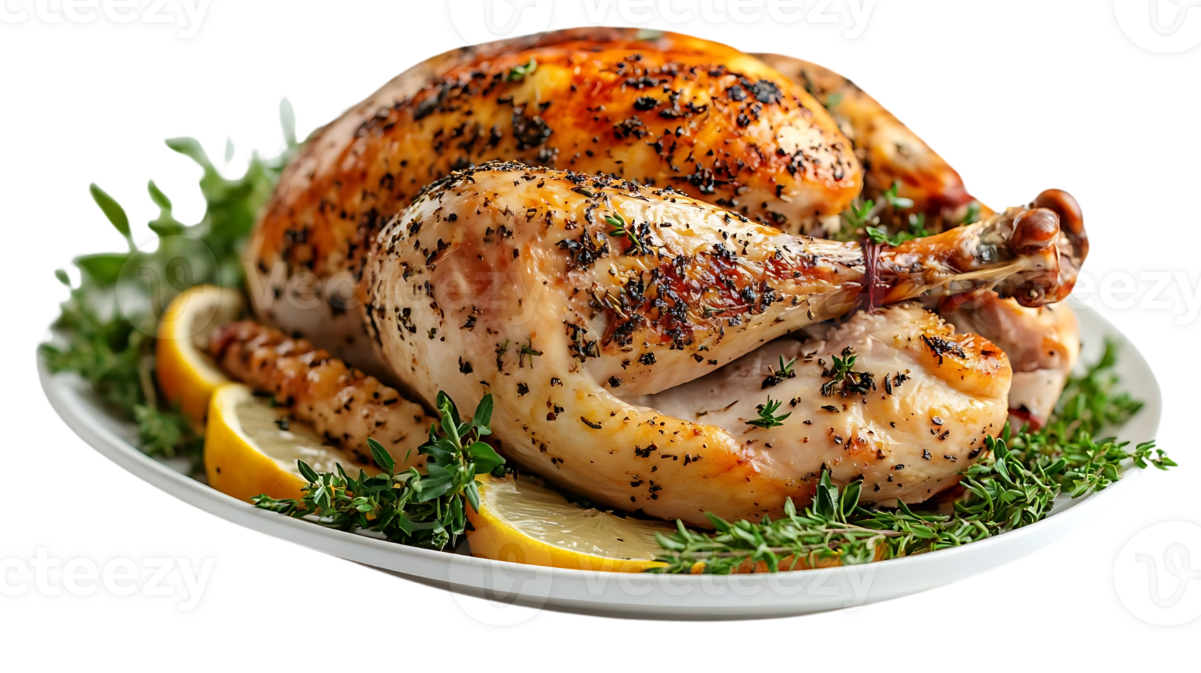 Roast Chicken with Lemon Thyme, Garnish beautifully on a Plate, Transparent Background png