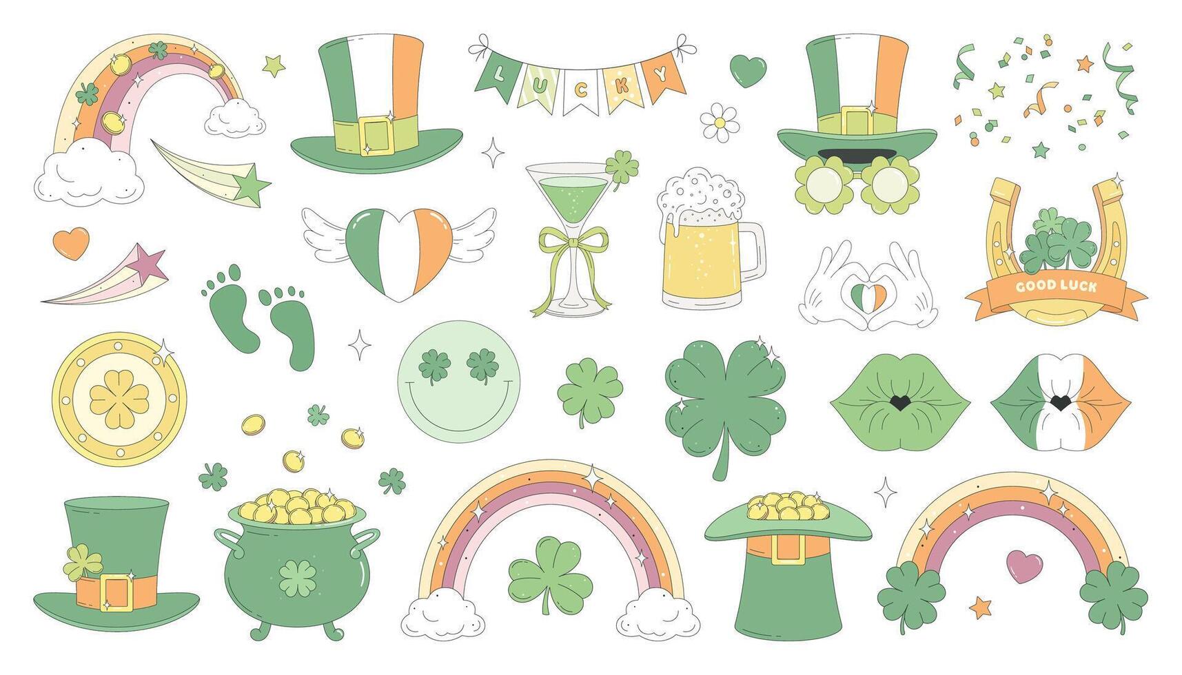 Clipart, set of design elements for St. Patrick's Day. Leprechaun hats, gold horseshoe, rainbow, pot of gold, drinks, clover, coin, footprints. vector