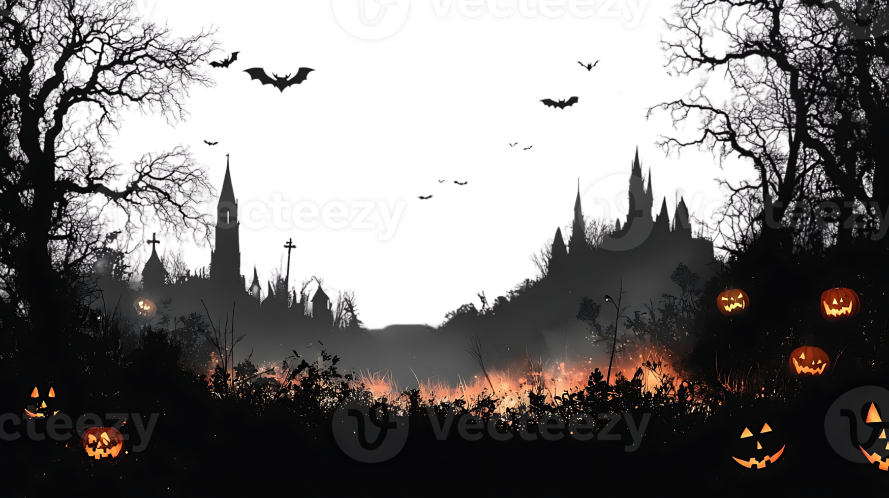 Spooky Halloween Night, Jack-o'-lanterns Glow in Burning Fields, Bats Fly Near Gothic Castle with Transparent Background png
