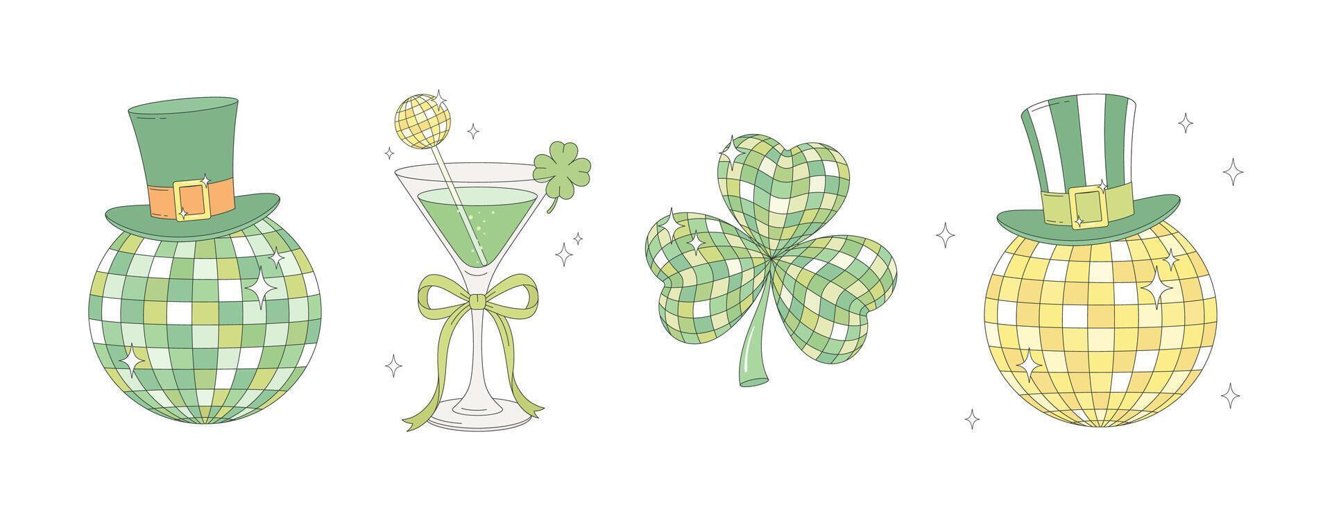 Set of disco style elements for St. Patrick's Day. Leprechaun hat on mirror ball, green cocktail with disco ball drink stirrer, sparkling disco clover. vector