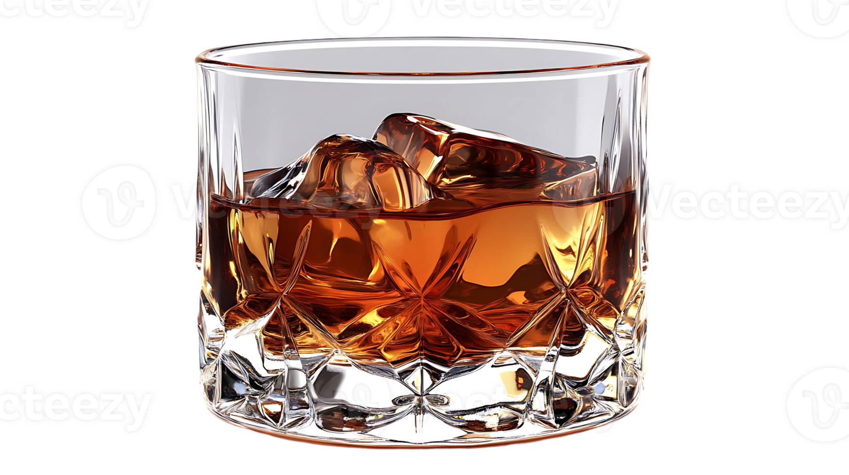 Crystal Glass Holds Amber Liquid with Ice, Transparent Background png