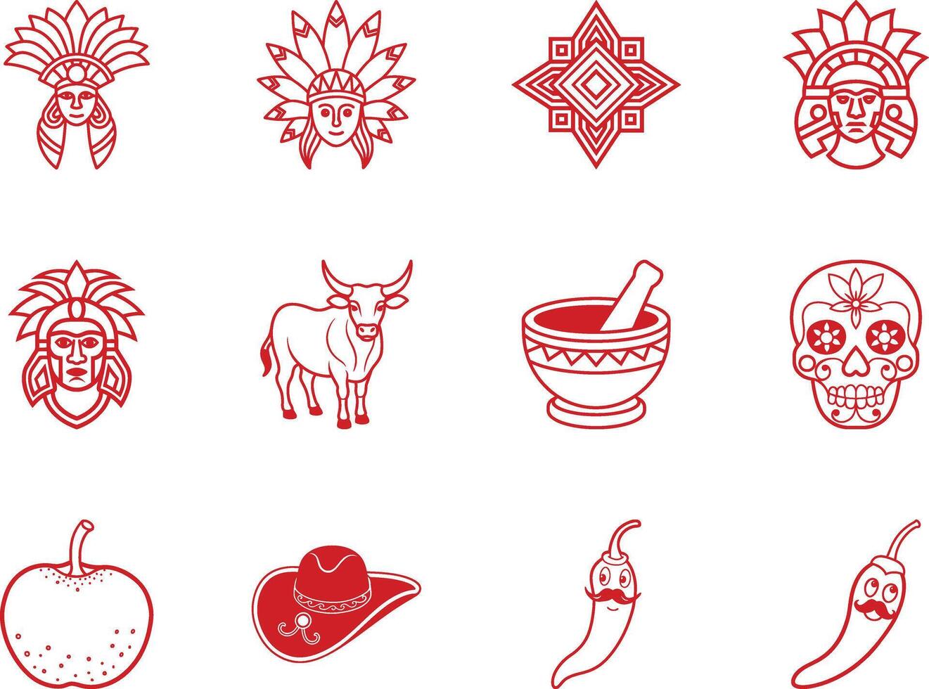 Collection of Red Line Art Native cinco de mayo day graphic element icons set American Aztec Mexican Symbols and Objects vector