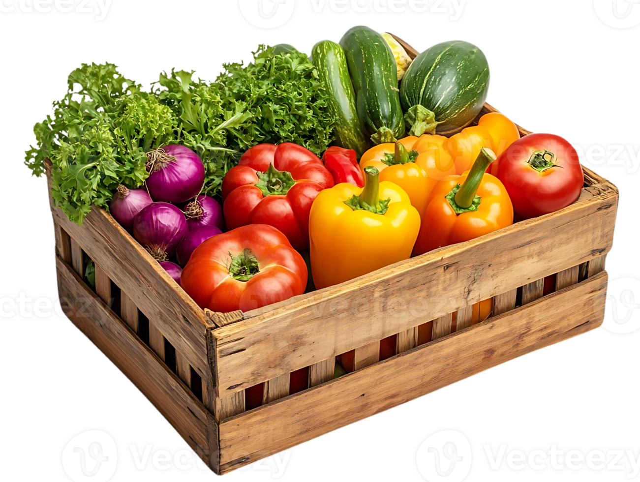 Fresh Vegetables in Wooden Crate, Transparent Background png