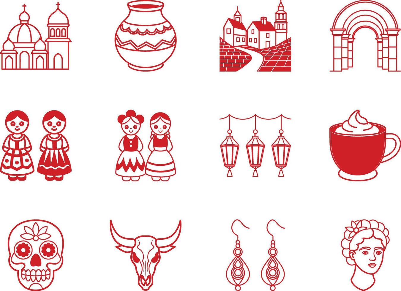 A Collection of Twelve Red Outline cinco de mayo day graphic element icons set Icons Representing Mexican Culture and Traditions vector