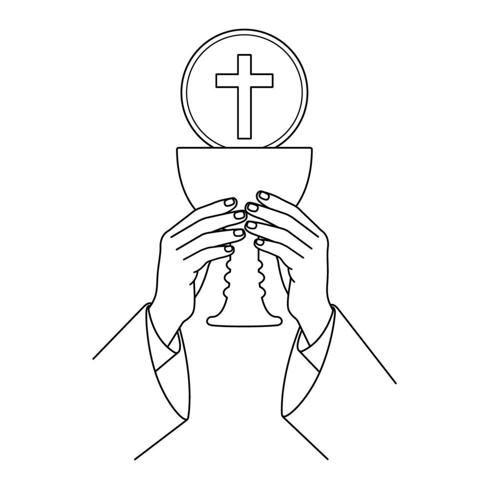 Hands of a priest consecrating, a Catholic symbol. Line art illustration vector