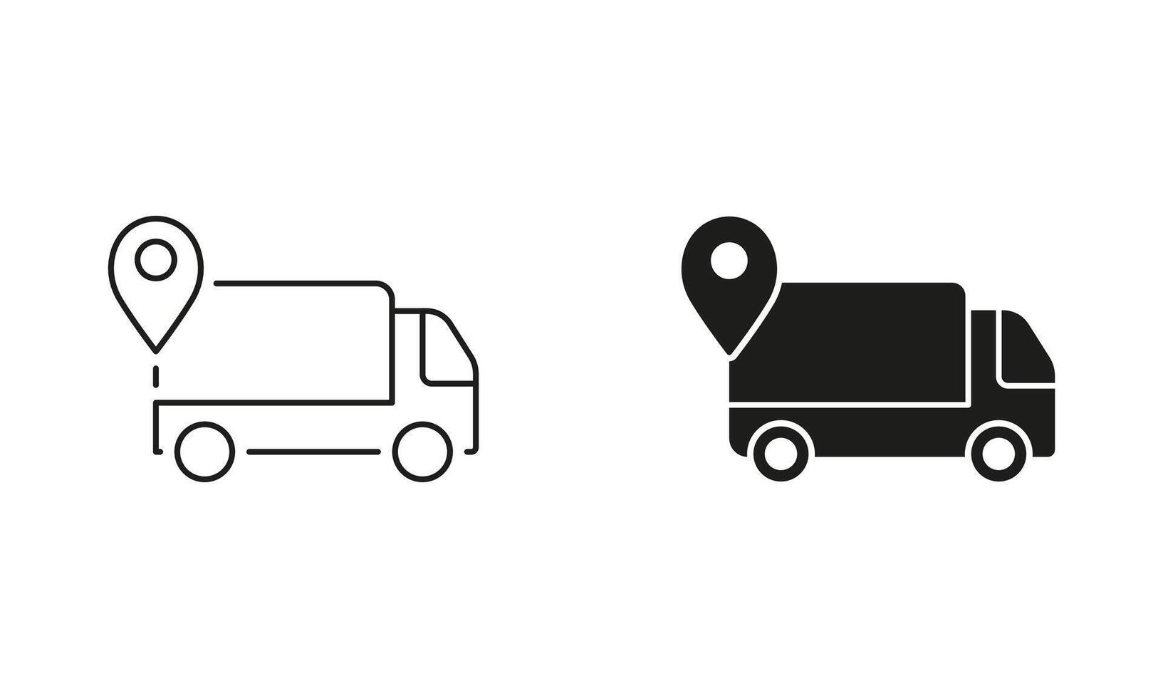 Delivery Service Truck with Pin Location Line and Silhouette Icon Set. Shipment Route Pictogram. Editable Stroke. Isolated Illustration vector