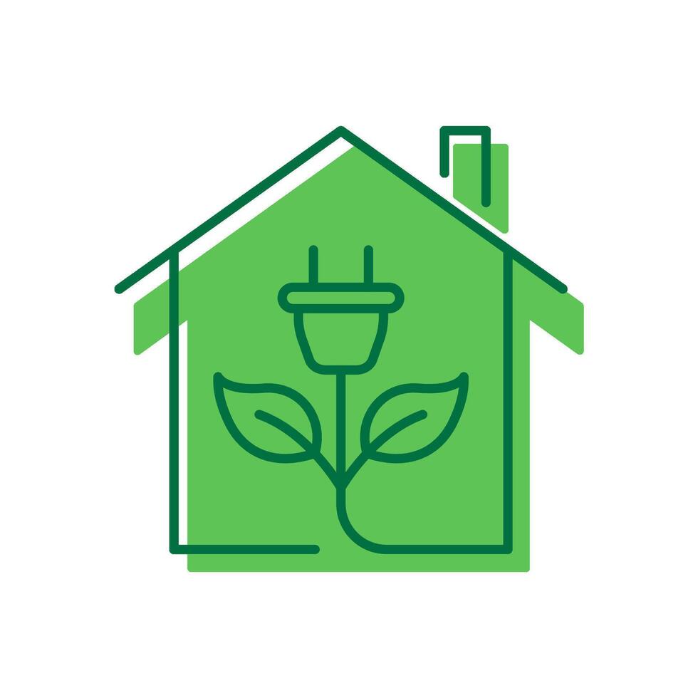 Natural Home with Green Energy Icon. Eco House with Leaf and Plug Pictogram. Ecology Real Estate Building Icon. Environment Conservation. Editable Stroke. Isolated Illustration vector