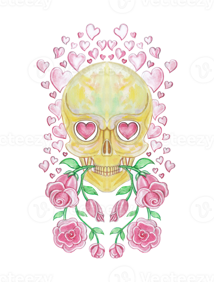 Love eternal skull illustration. A vibrant and romantic illustration featuring a golden skull with heart-shaped pink eyes, symbolizing eternal love. hand watercolor painting on paper. png