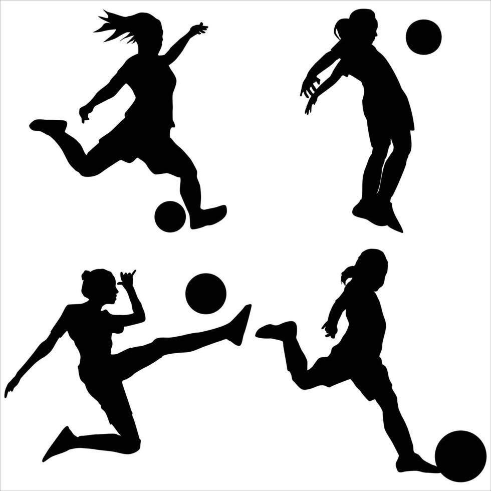 Set of female football or soccer player silhouettes, athletic women in action vector