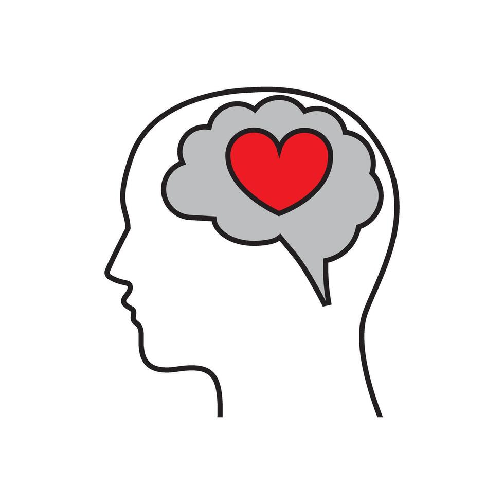 purple silhouette head and human brain with heart vector