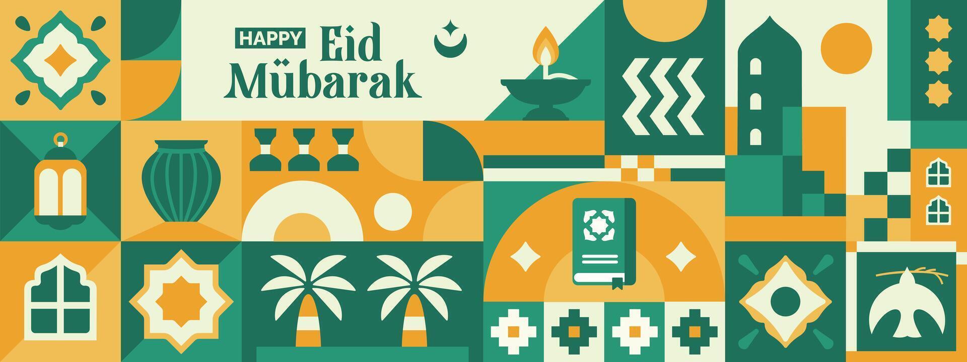 abstract geometric pattern of eid al fitr, ramadan kareem with arabic city landscape and various bright colored islamic icons and symbols vector