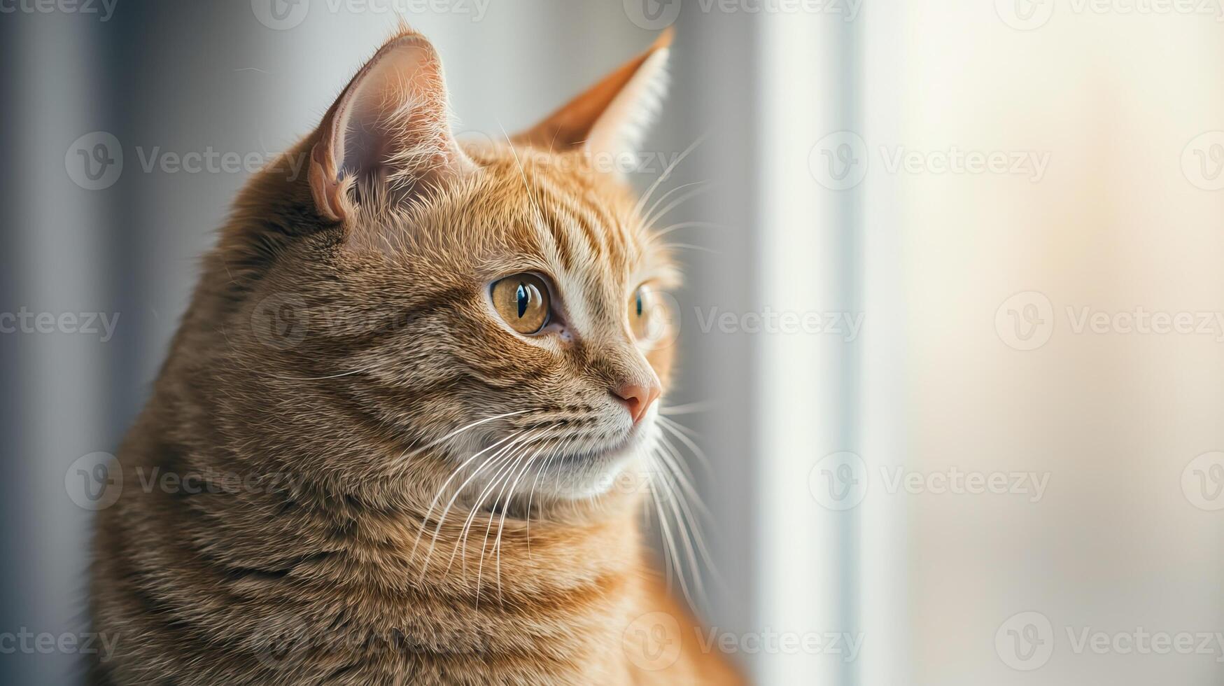 A close-up of a thoughtful orange tabby cat gazing out a window, showcasing its expressive eyes and soft fur. photo