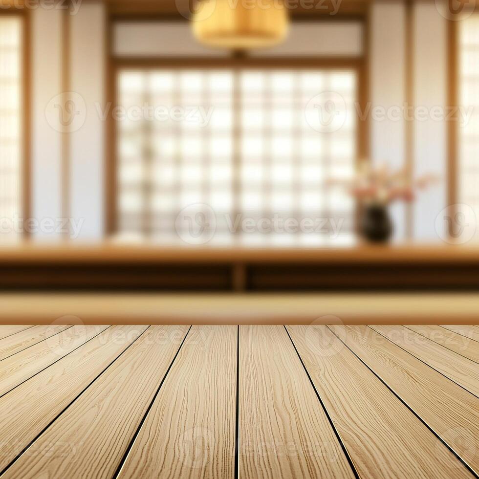 A serene interior scene featuring a wooden table, softly lit by natural light filtering through paneled windows, with a vase of flowers in the background. photo