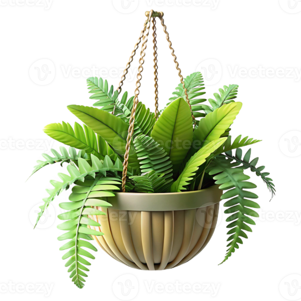 wonderful rustic Hanging Planter with Ferns Cutout Green Fronds premium png