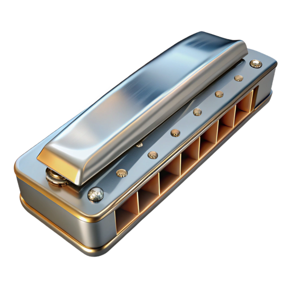 wonderful classic Harmonica Chrome Finish Isolated Element Transparent Background detailed png