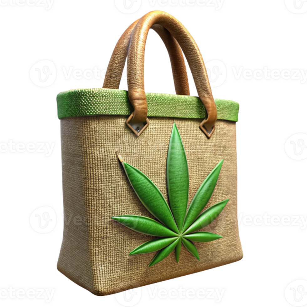serene contemporary Hemp Tote Bag with Green Leaf Print Transparent Background professional png