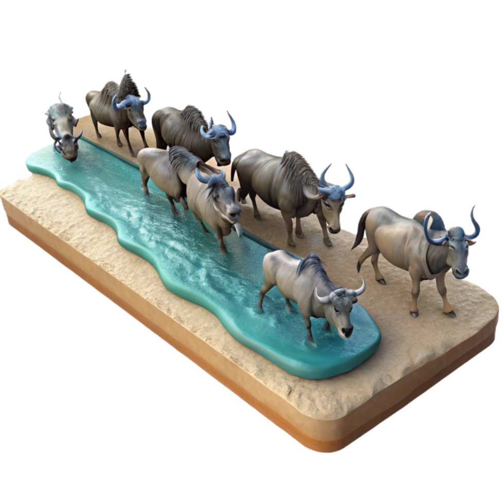 stunning rustic Herd of Wildebeest Crossing River Transparent Background professional png