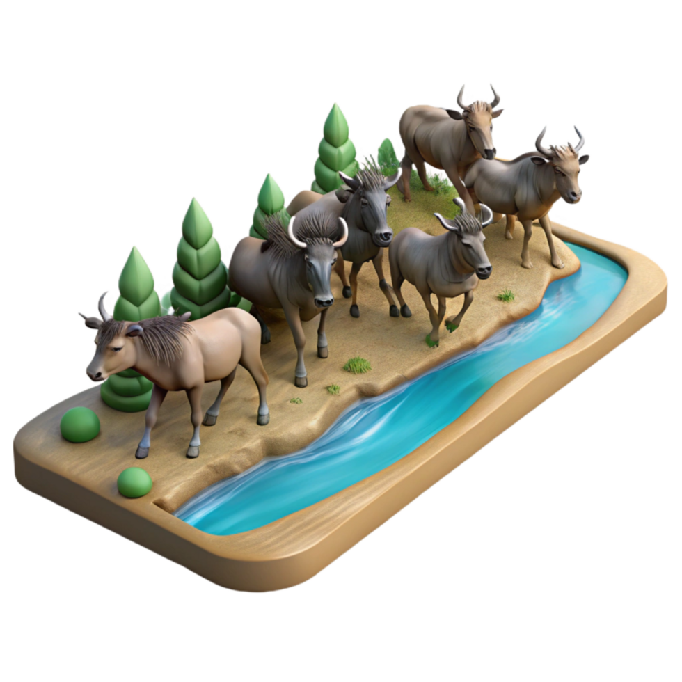 vibrant artistic Herd of Wildebeest Crossing River Transparent Background high resolution png