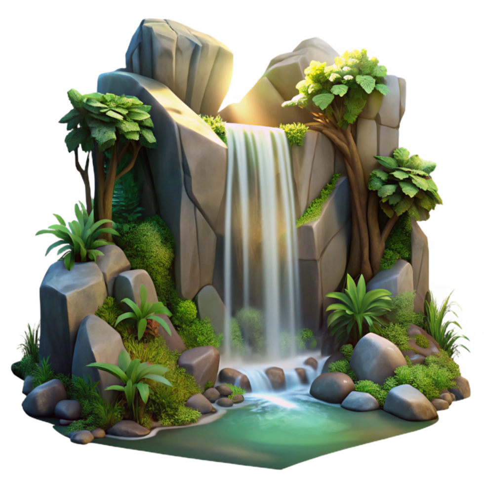 beautiful classic Hidden Waterfall Sunlight Through Trees Forest Setting Transparent Background authentic png