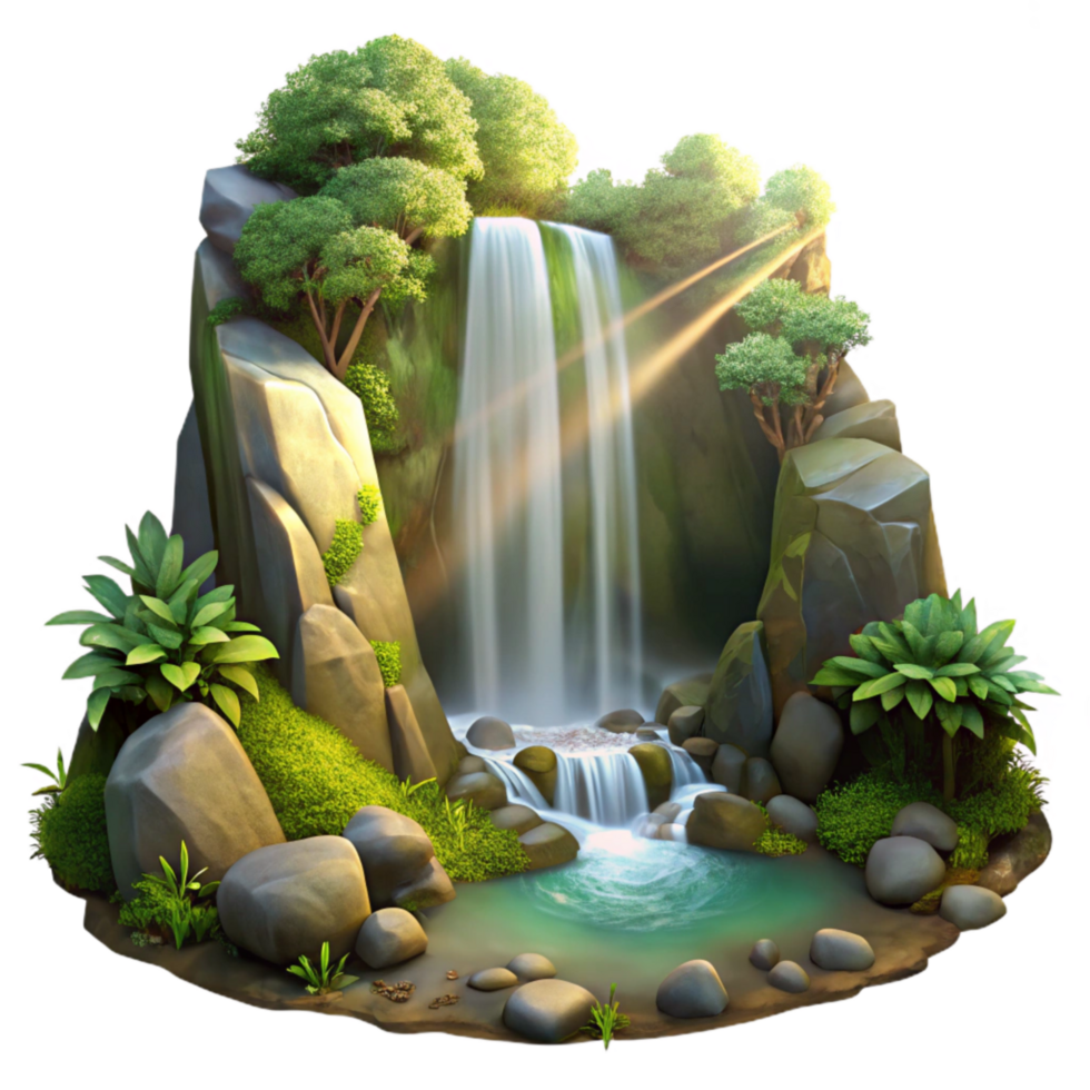 elegant rustic Hidden Waterfall Sunlight Through Trees Forest Setting Transparent Background original png
