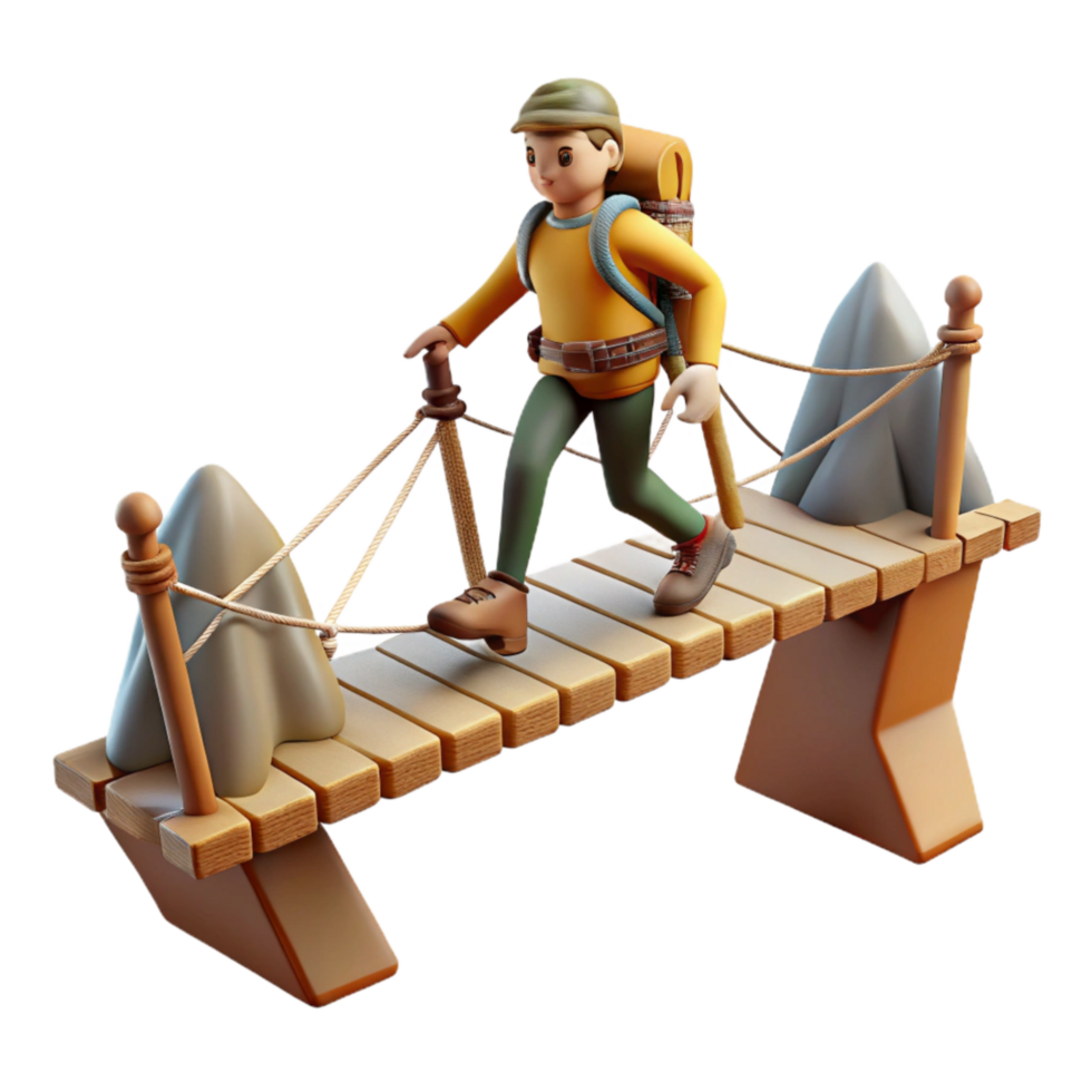 serene rustic Hiker Crossing Suspension Bridge Cutout high quality png