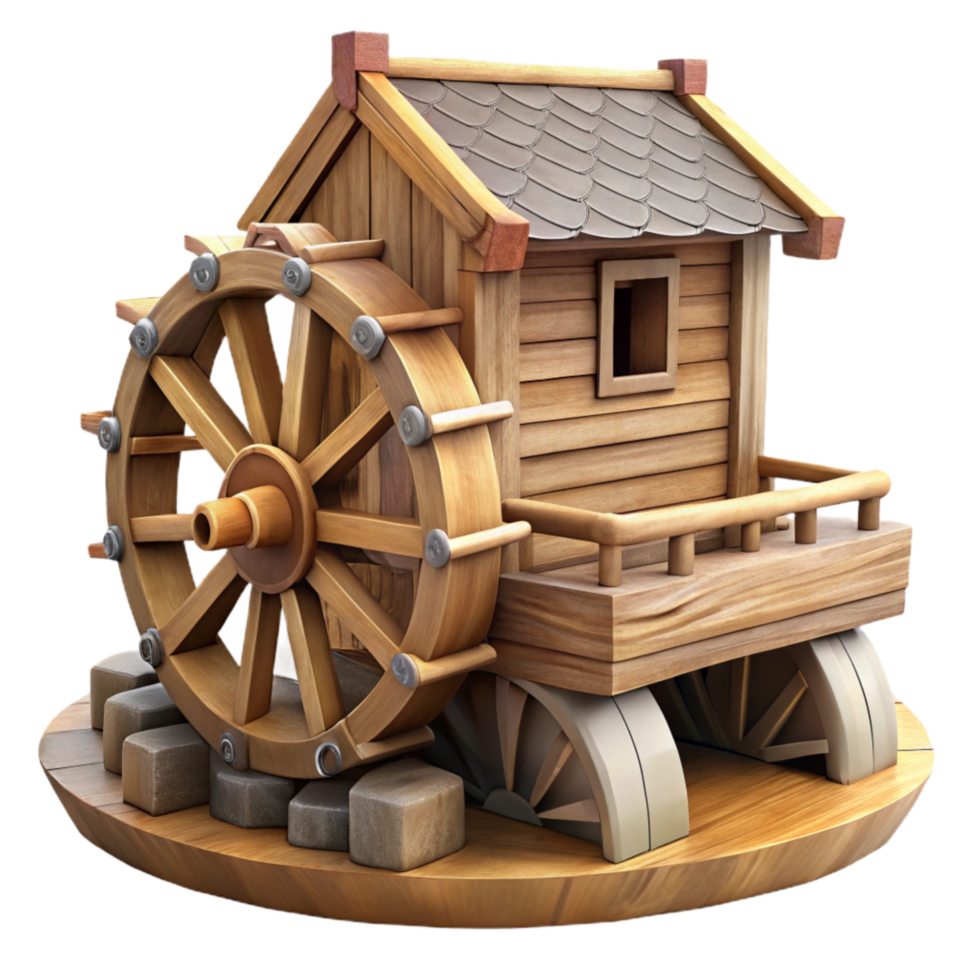 serene minimalist Historic Watermill Paddle Wheel Motion Cutout Element detailed png