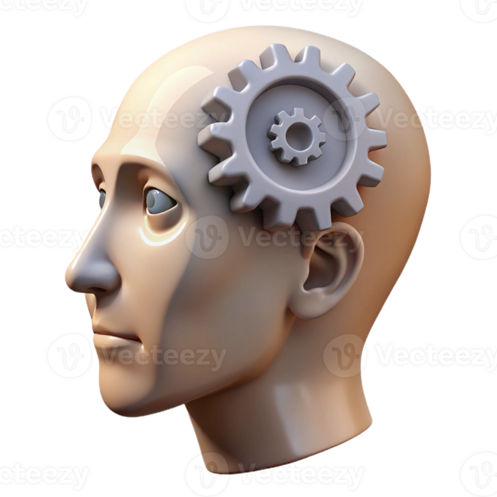 impressive modern Human Head with Gears Inside Isolated on White exclusive png