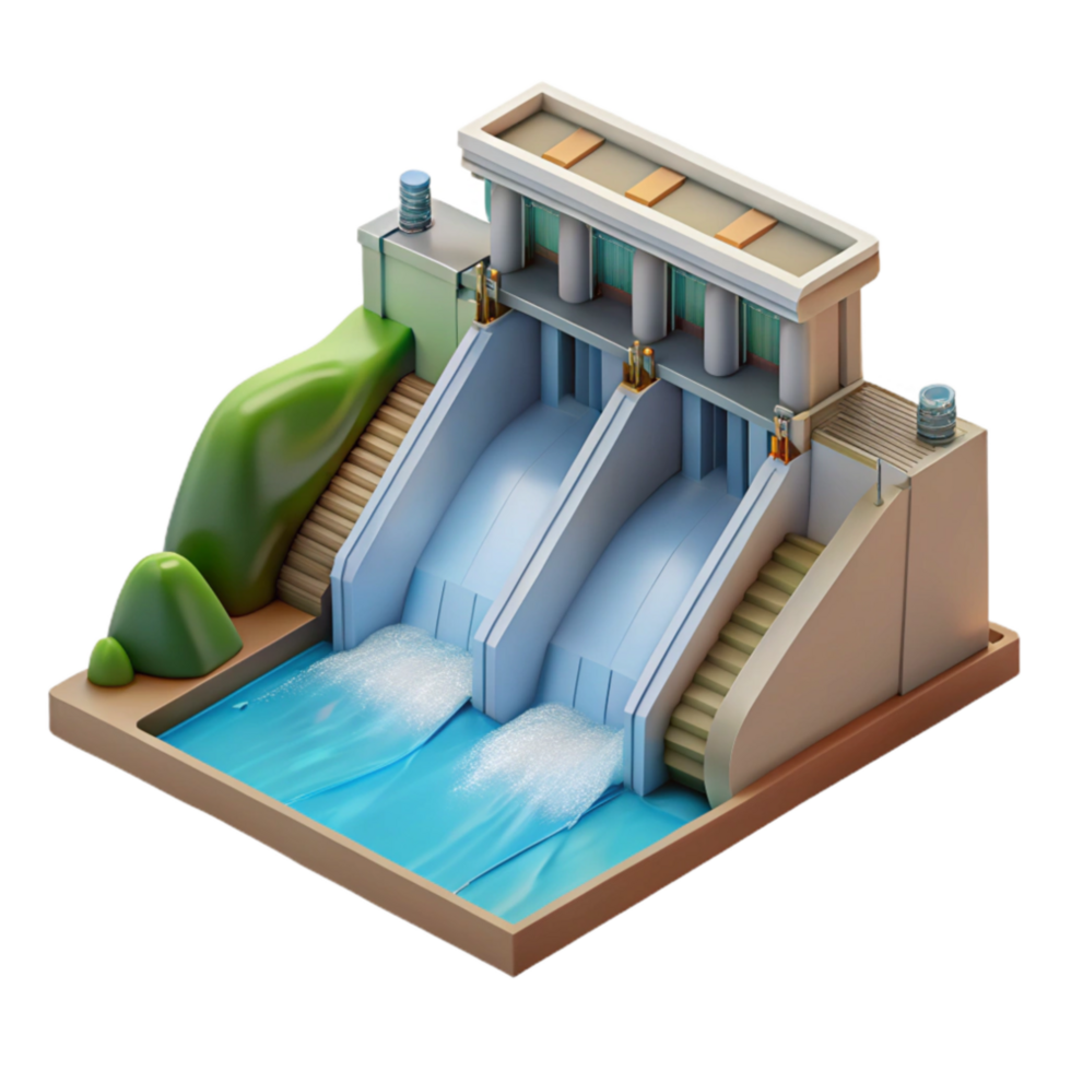 elegant vintage Hydroelectric Dam Water Flowing Downstream Isolated detailed png
