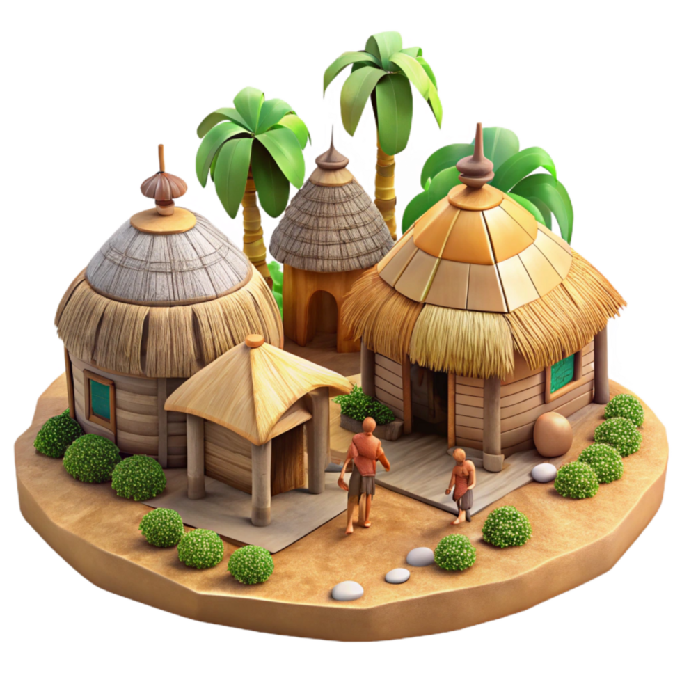serene abstract Indigenous Village Scene with Huts and People Cutout detailed png