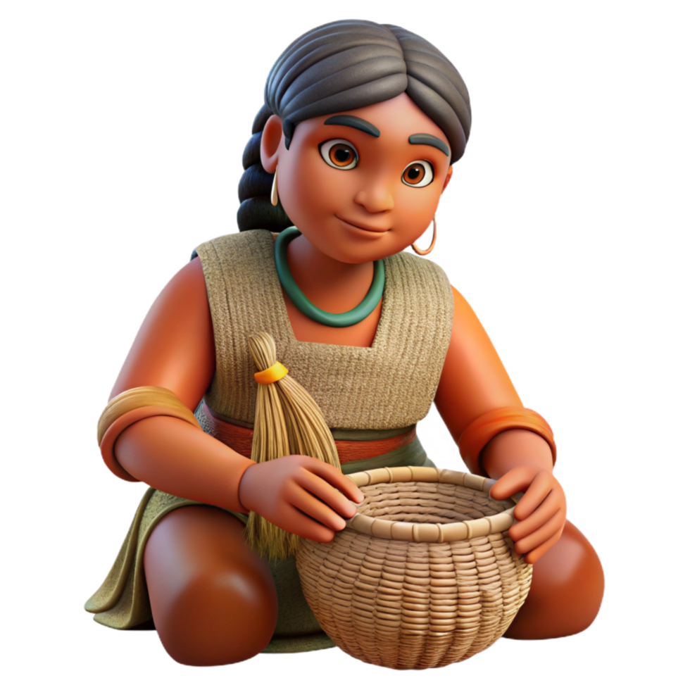impressive creative Indigenous Woman Weaving a Basket Isolated Element png