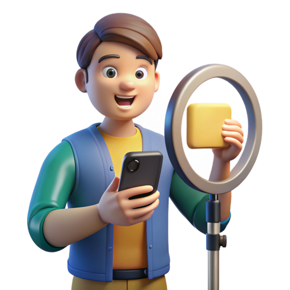 beautiful vintage Influencer with Smartphone and Ring Light on Transparent Background png