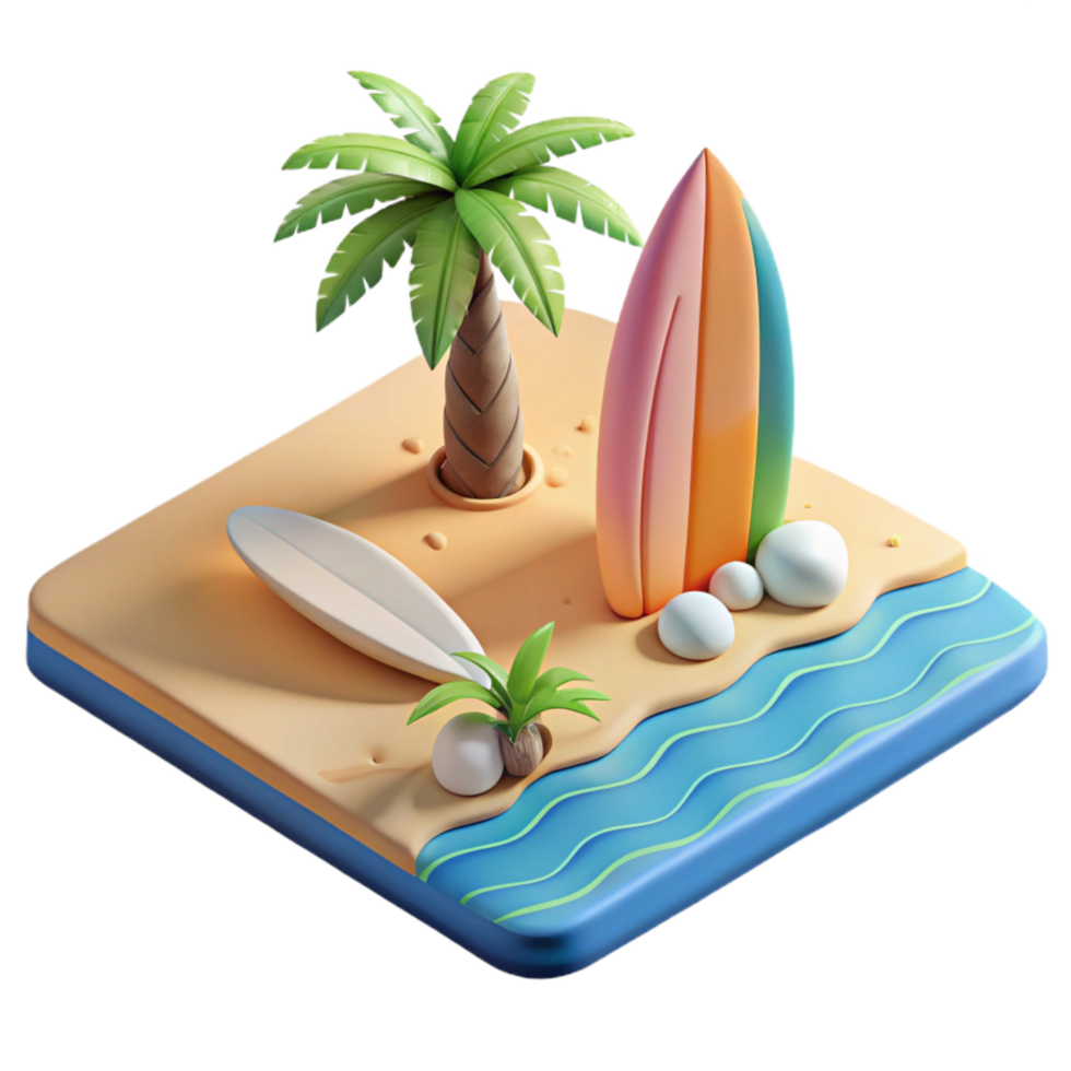 serene classic Isometric Beach Scene with Surfboard Cutout authentic png