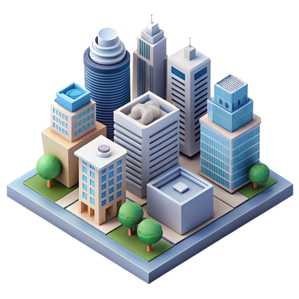 serene rustic Isometric Cityscape with Modern Buildings Isolated professional png