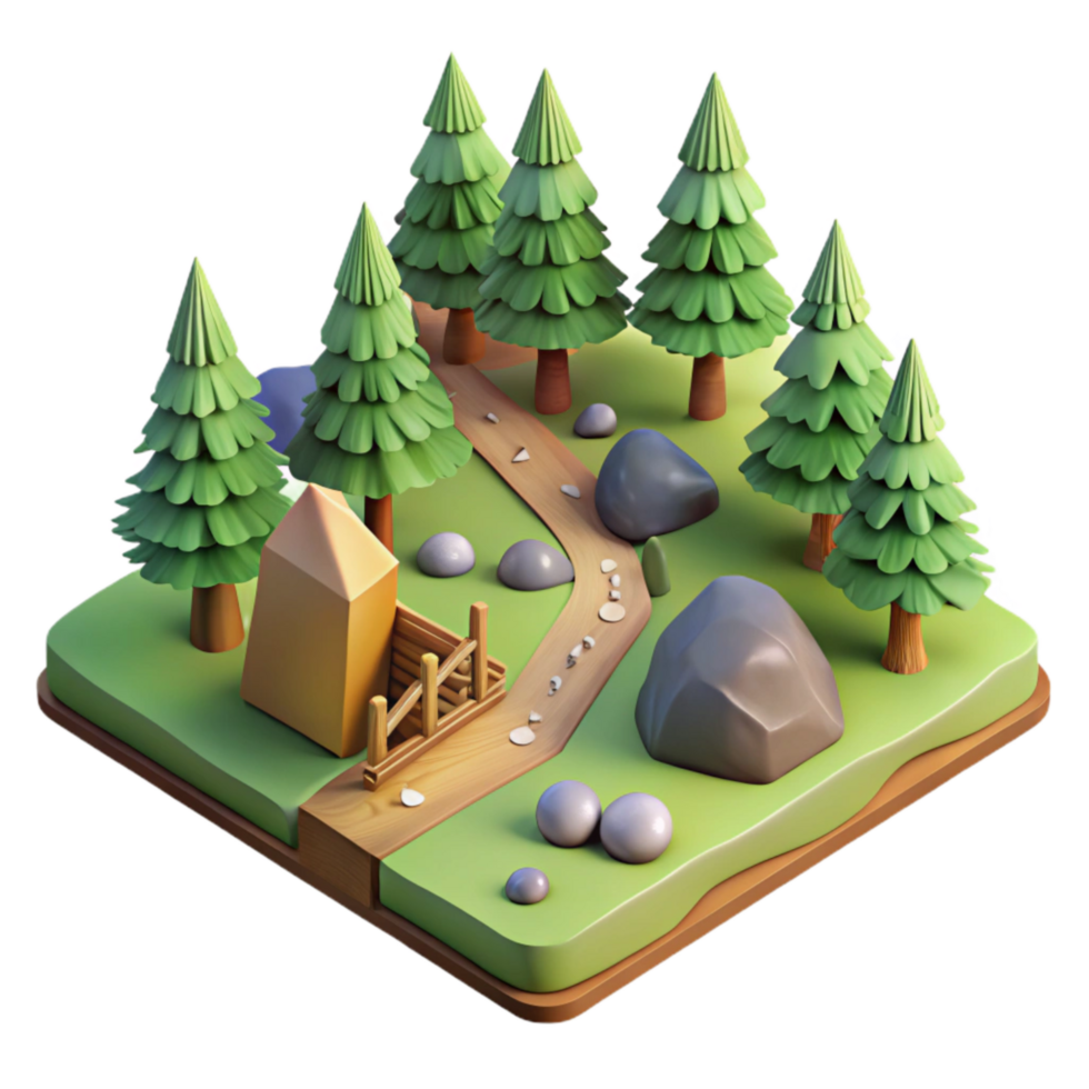 dramatic classic Isometric Forest Scene with Hiking Trail Cutout premium png