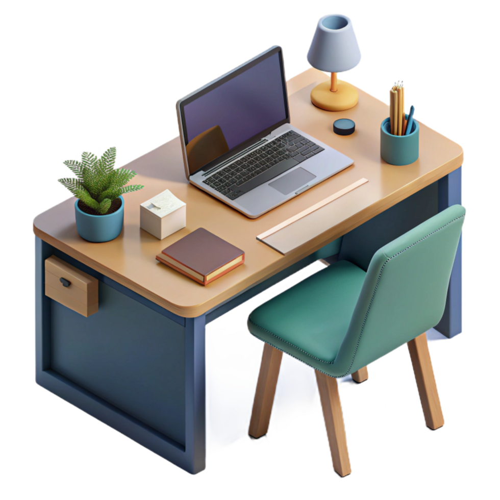 elegant modern Isometric Office Desk with Laptop for Online Meeting Cutout high resolution png