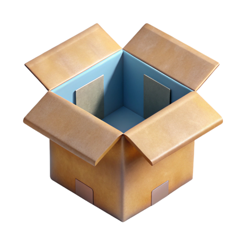 serene rustic Isometric View of Open Cardboard Box Transparent Background detailed png