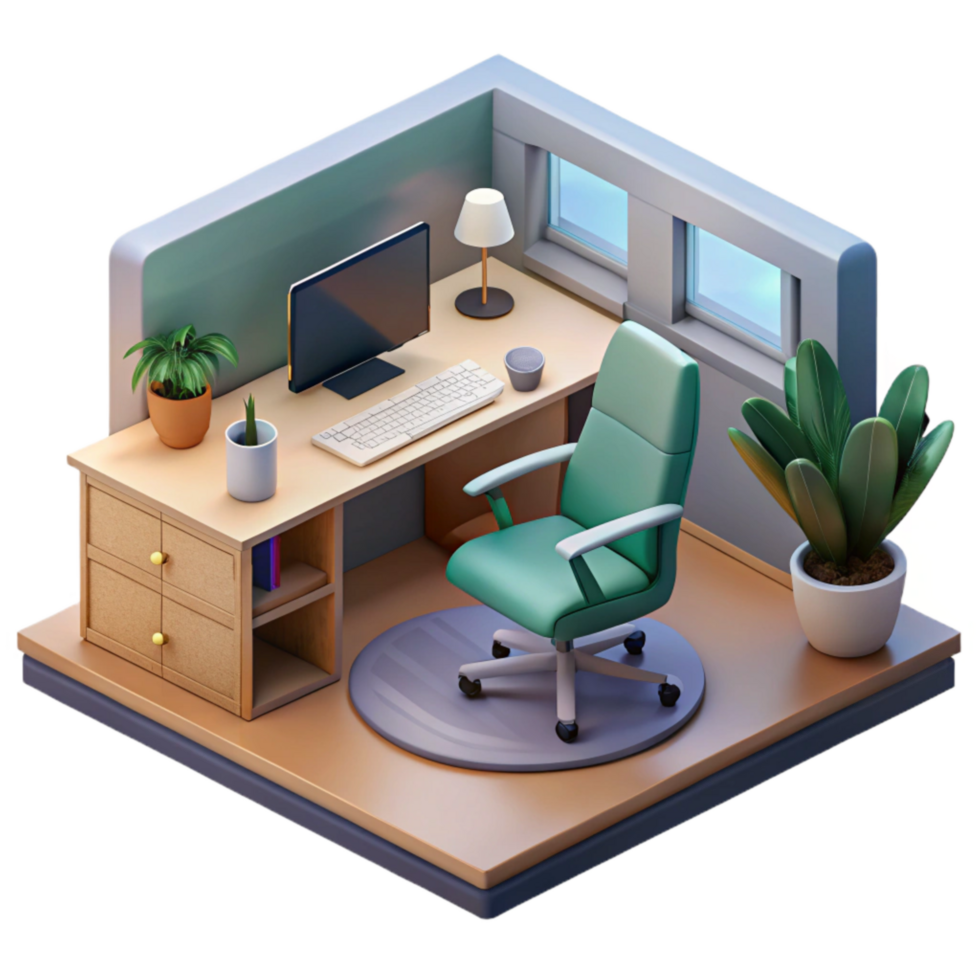 extraordinary abstract Isometric Virtual Office Space with Desk and Chair Cutout high resolution png