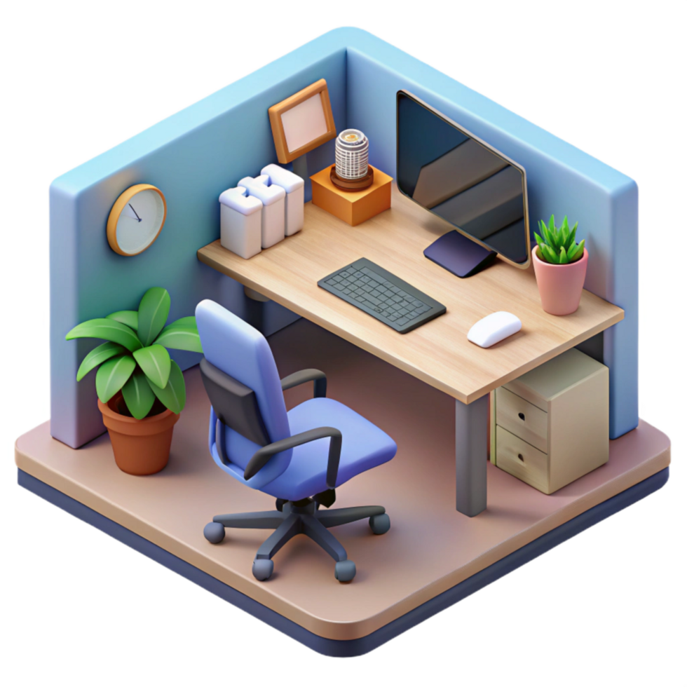 impressive artistic Isometric Virtual Office Space with Desk and Chair Cutout detailed png