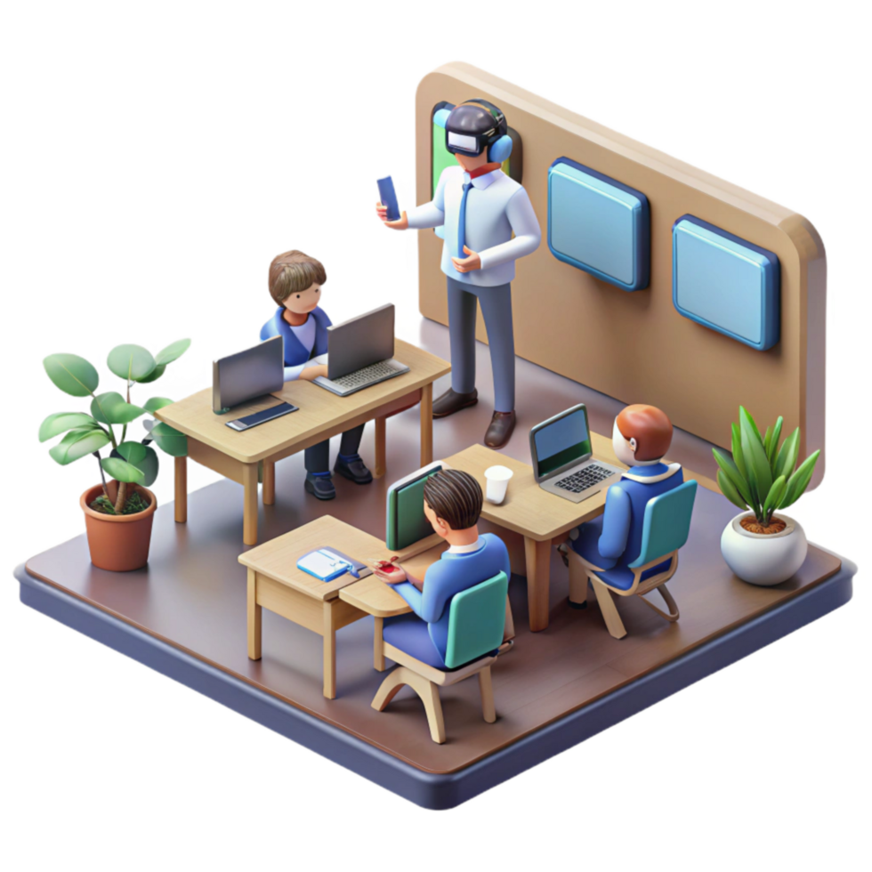 extraordinary creative Isometric Vr Classroom with Students and Teacher Isolated Element high quality png
