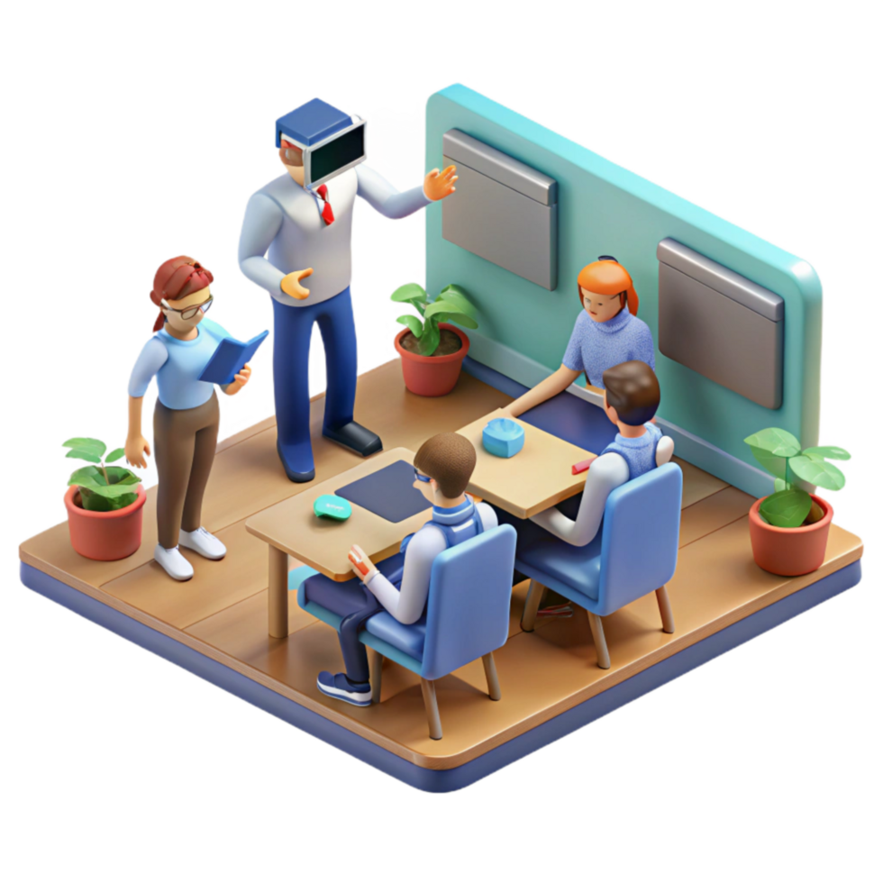 magnificent contemporary Isometric Vr Classroom with Students and Teacher Isolated Element high quality png