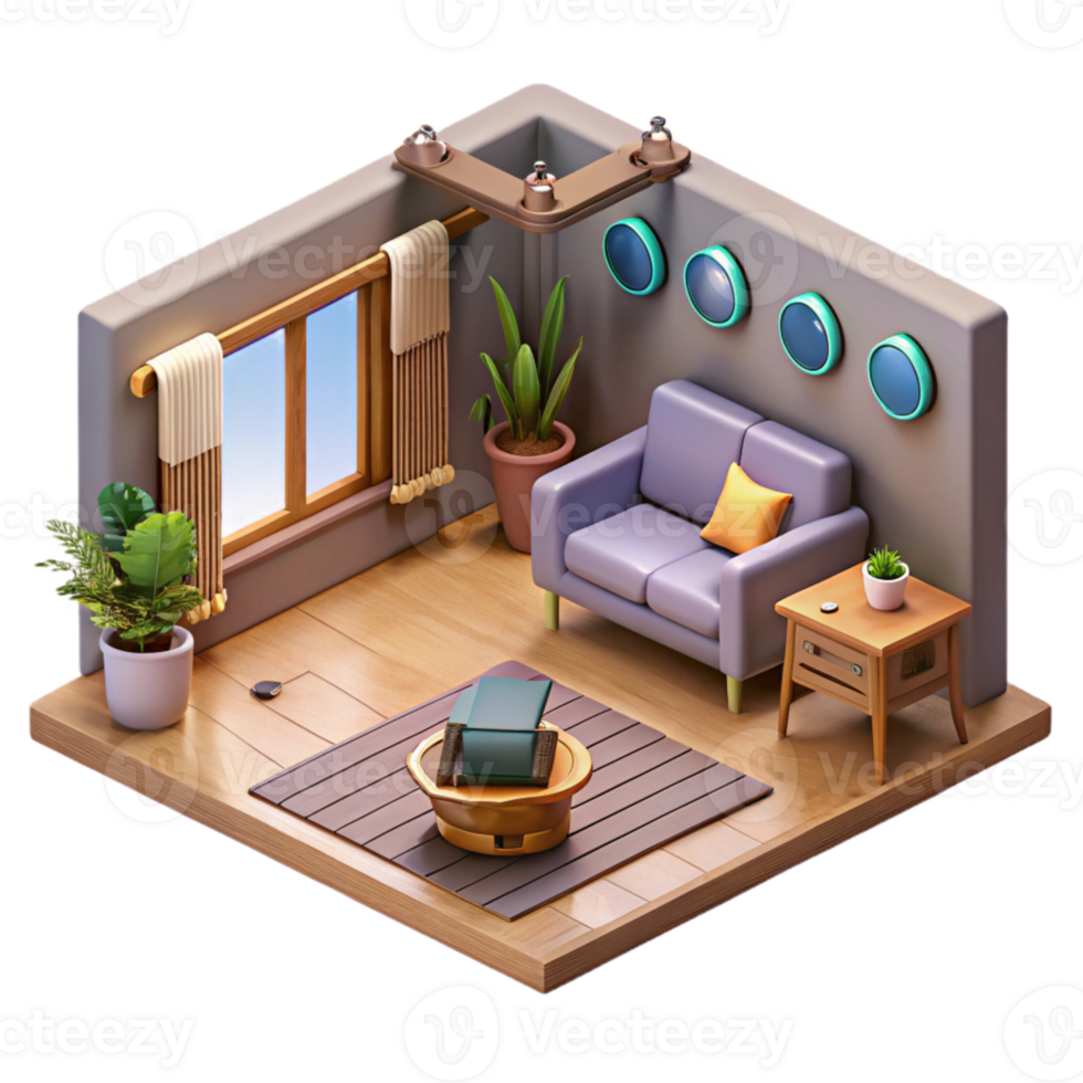 dramatic artistic Isometric Vr Room with Furniture Details Cutout authentic png