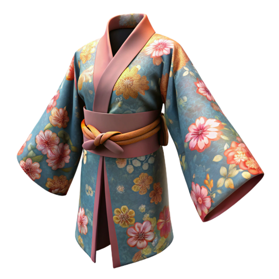 serene classic Japanese Kimono with Floral Pattern Cutout detailed png