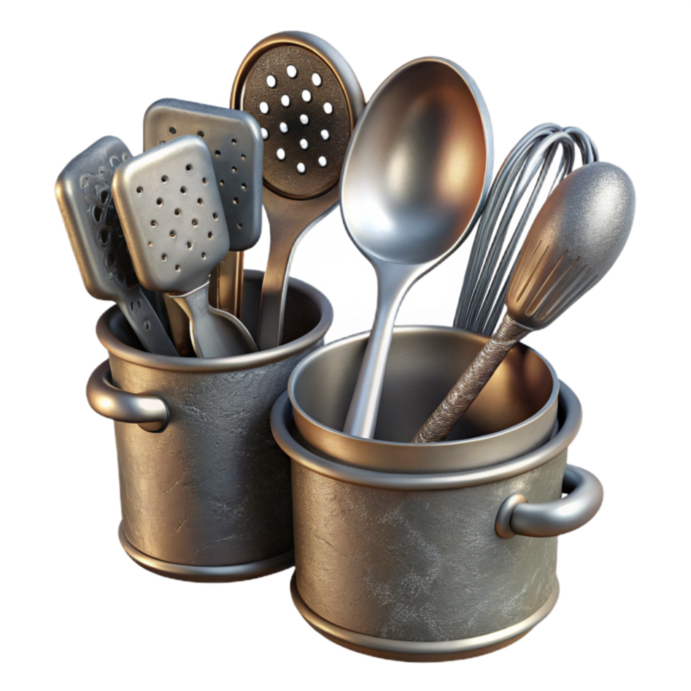 beautiful artistic Kitchen Utensils Set Metal Isolated on White Background high quality png