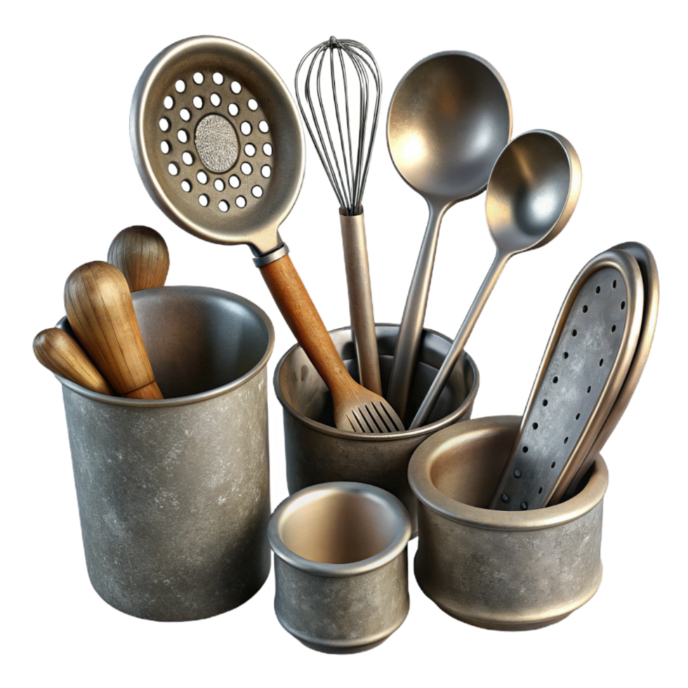 elegant traditional Kitchen Utensils Set Metal Isolated on White Background exclusive png