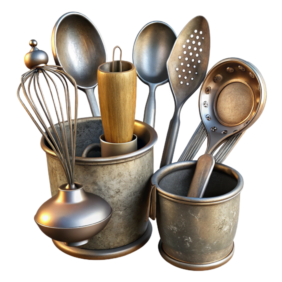 magnificent rustic Kitchen Utensils Set Metal Isolated on White Background detailed png